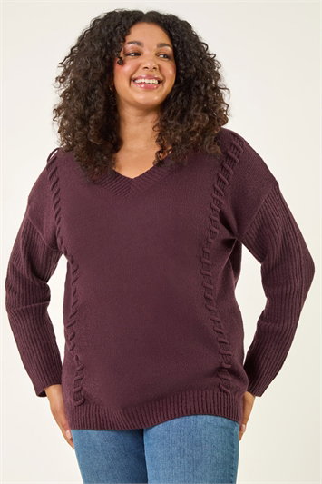 Purple Curve Stitch V-Neck Knit Jumper