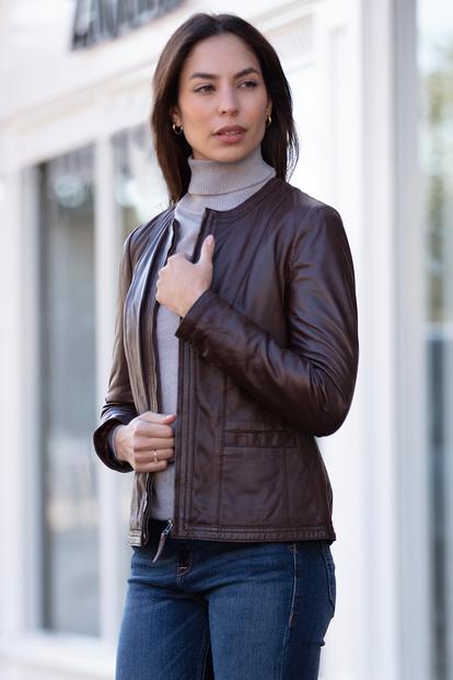 Blue 'Liona' Collarless Leather Jacket