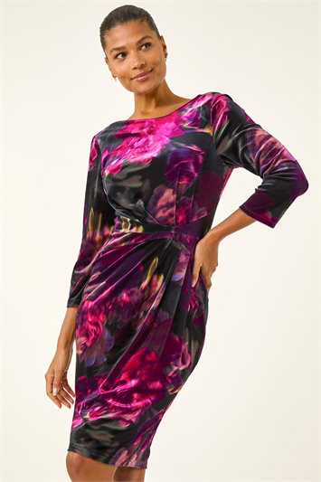 Rose Print Velvet Twist Stretch Dress 14820872