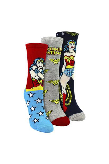 Multi 3 Pairs Ladies Cotton Novelty Socks - Wonder Woman Pattern Comfortable Socks