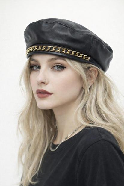 Metallic Zola Pu Leather Beret With Gold Metal Chain Detail