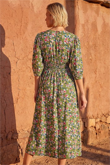 Floral Print V-Neck Midi Dress 14874034