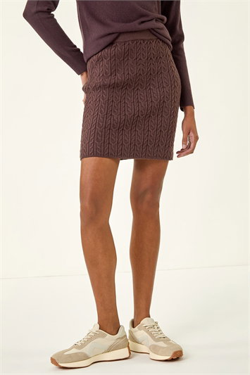 Brown Cable Knitted Elastic Waist Skirt