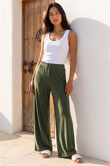 Green Petite Elastic Waist Wide Leg Stretch Trouser