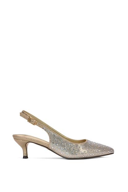 Metallic Slingback Court Shoes Pointed Kitten Heels With Crystal Details