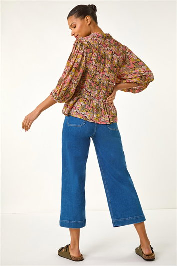 Shirred Printed Front Button Up Blouse 10140614