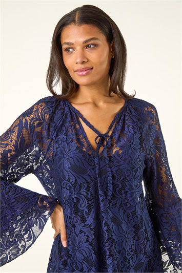 Blue Tie Neck Lace Detail Top