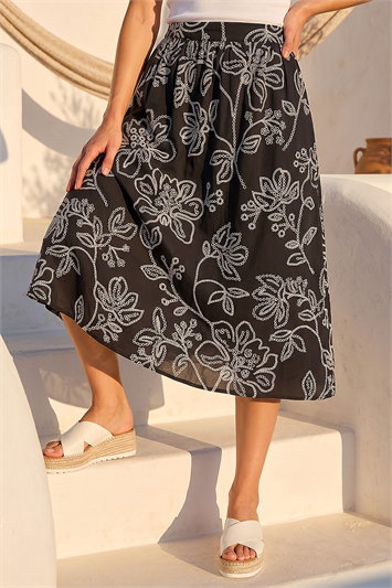 Black Floral Broderie Midi Skirt