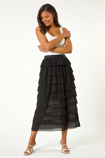 Pleat Detail Layered Frill Midi Skirt 17049108
