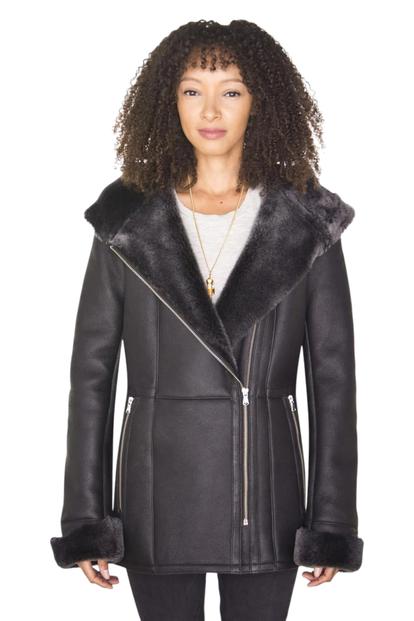 Black Hooded Merino Sheepskin Jacket-Mandalay