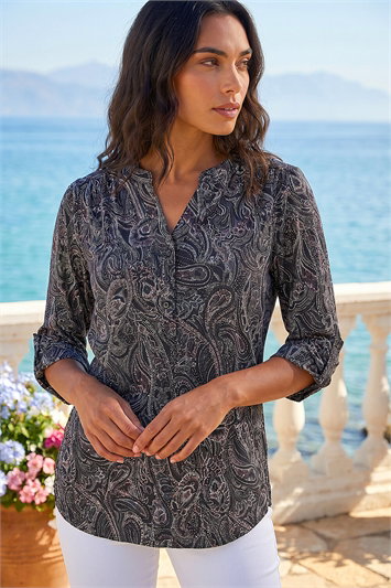 Textured Paisley Print Stretch Blouse 19305236