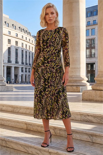 Green Petite Printed Mesh Ruched Midi Dress