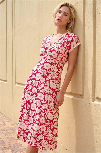 Red Daisy Print Lace Trim Midi Dress