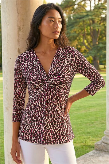 Red Petite Animal Print Twist Front Top