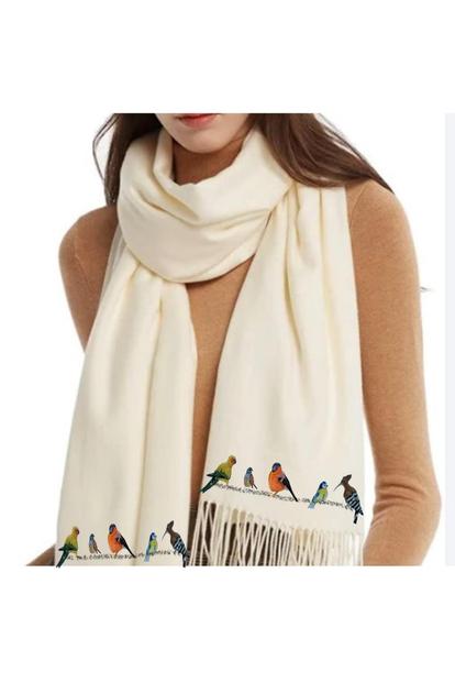 Cream Cashmere Feel Luxury Scarf Handprinted With Birds On A Wire - Cream