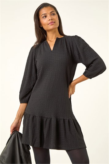 Black Textured V-Neck Frill Hem Smock Dress
