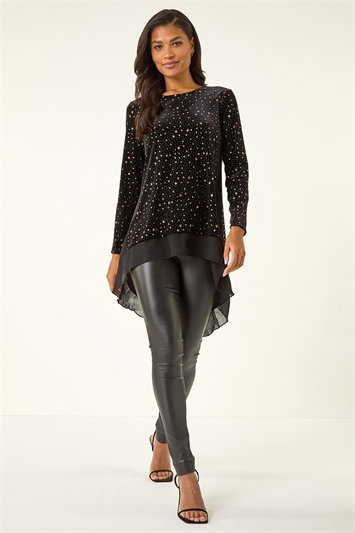 Star Print Velvet Chiffon Hem Top 19252233