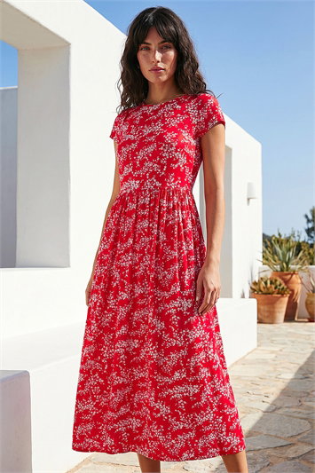 Ditsy Gathered Skirt Stretch Midi Dress 14361378