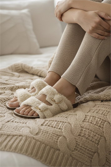 White Faux Fur Double Buckle Slipper