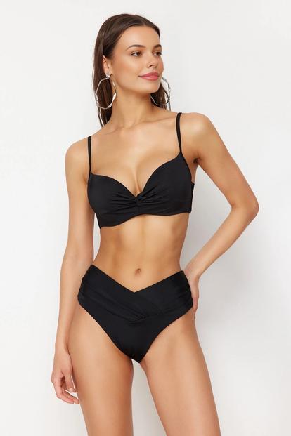 Black V Cut High Waist Shaping Bikini Bottom With Contoured Fit