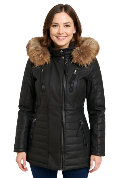 Black Quilted Leather Parka Jacket-Bowen