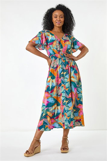 Petite Leaf Print Shirred Midi Dress 14688334