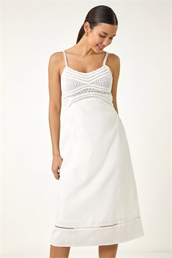 White Lace Panel Strappy Midi Dress