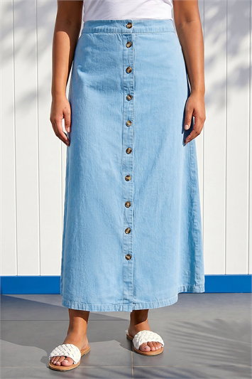 Blue Curve Button Through Denim Skirt