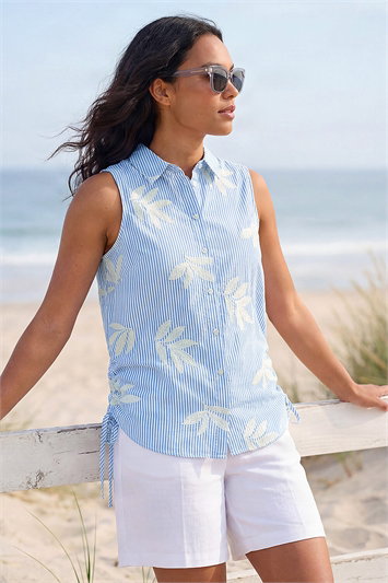 Blue Stripe Leaf Embroidered Button Up Blouse