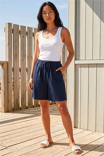 Blue Petite Linen Blend Drawstring Shorts