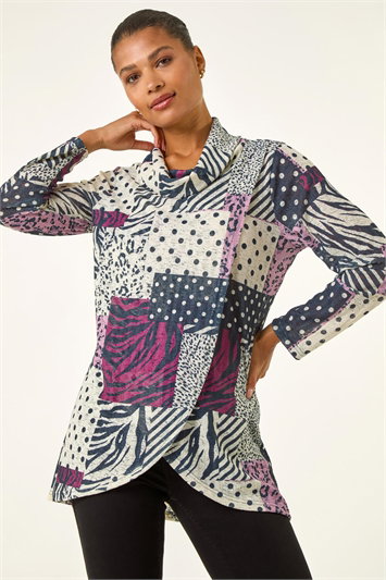Red Patchwork Print Cowl Neck Top
