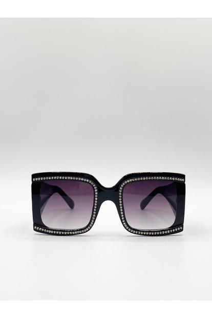 Black Oversized Square Sunglasses With Diamonte Detail