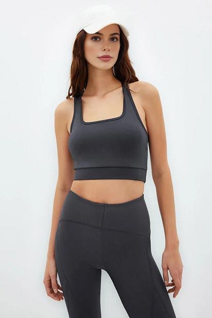Purple Padded Square Neck Wide Strap Longline Sports Bra