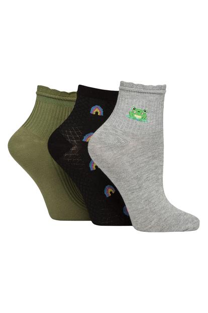 Purple 3 Pack Ribbed Frill Soft Anklet Socks