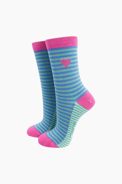 Multi Embroidered Heart Combed Cotton Socks In Blue