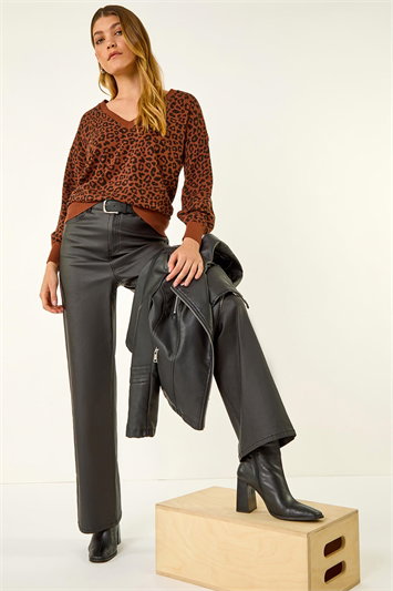 Brown Animal Print V-Neck Boyfriend Jumper