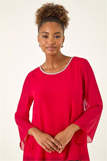 Red Sparkly Asymmetric Chiffon Top