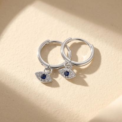 Metallic Minimalist Small Evil Eye Charm Dainty Hoop Sterling Silver Earrings
