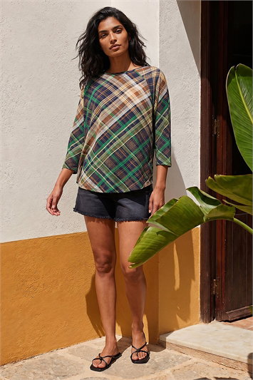 Green Check Print Round Hem Top