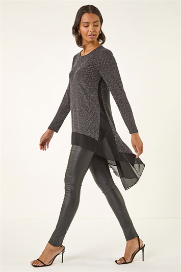 Black Sparkly Chiffon Hem Stretch Top