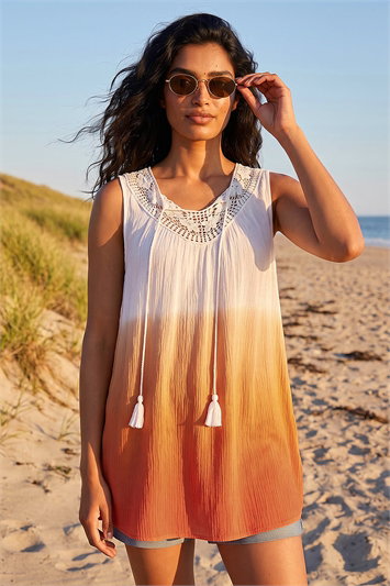 Red Cotton Lace Detail Ombre V-Neck Vest Top