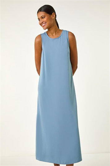 Blue Satin A-Line Midi Dress