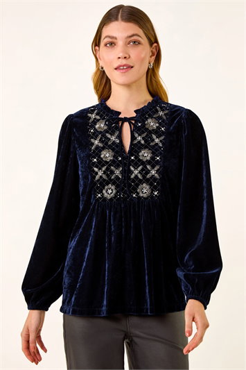 Blue Velvet Embroidered Tie Top