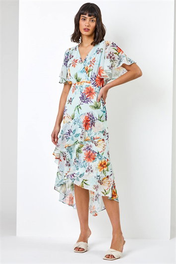 Floral Chiffon Frill Tiered Midi Wrap Dress 14258482