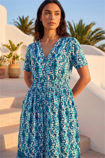 Petite Aztec Print Button Midi Dress 14878209