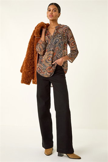 Orange Paisley Print V-Neck Chiffon Top