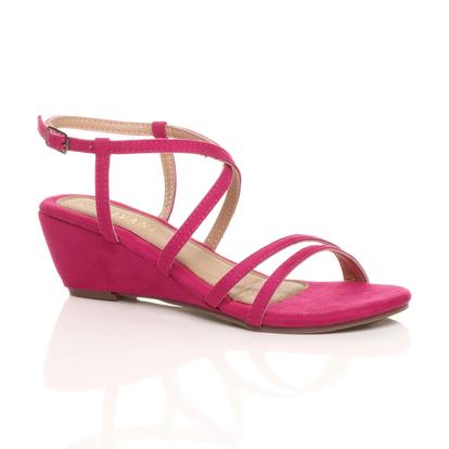 Pink Mid Wedge Heel Crossed Straps Sandals