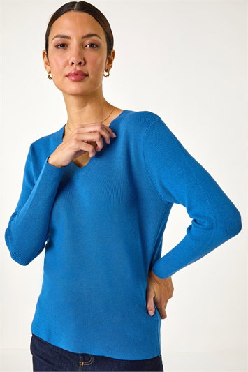 Blue Soft Knit V-Neck Jumper