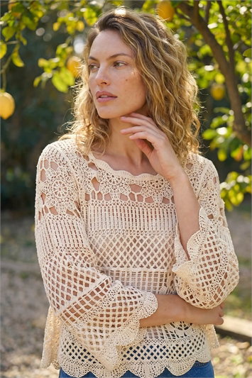 Cream Crochet Knit Flared Sleeve Top