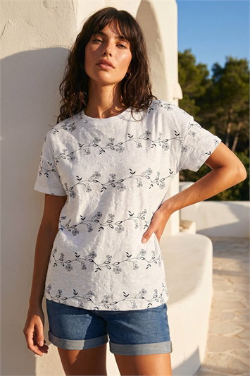 White Floral Puff Print T-Shirt